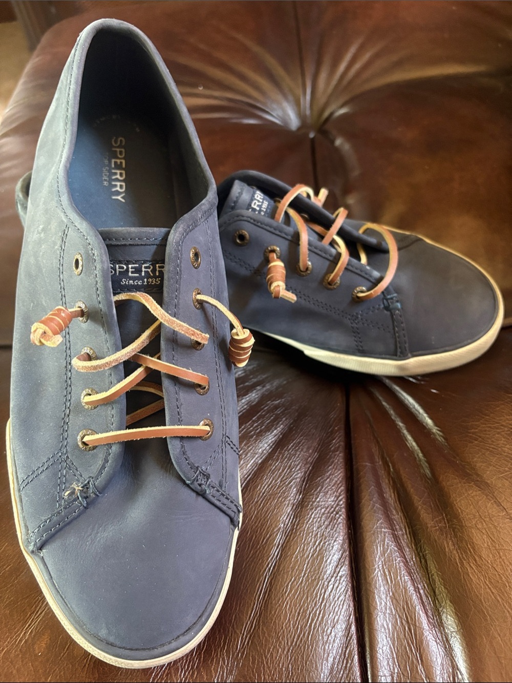 Sperry Navy Leather Boat Sneakers with Tan Laces